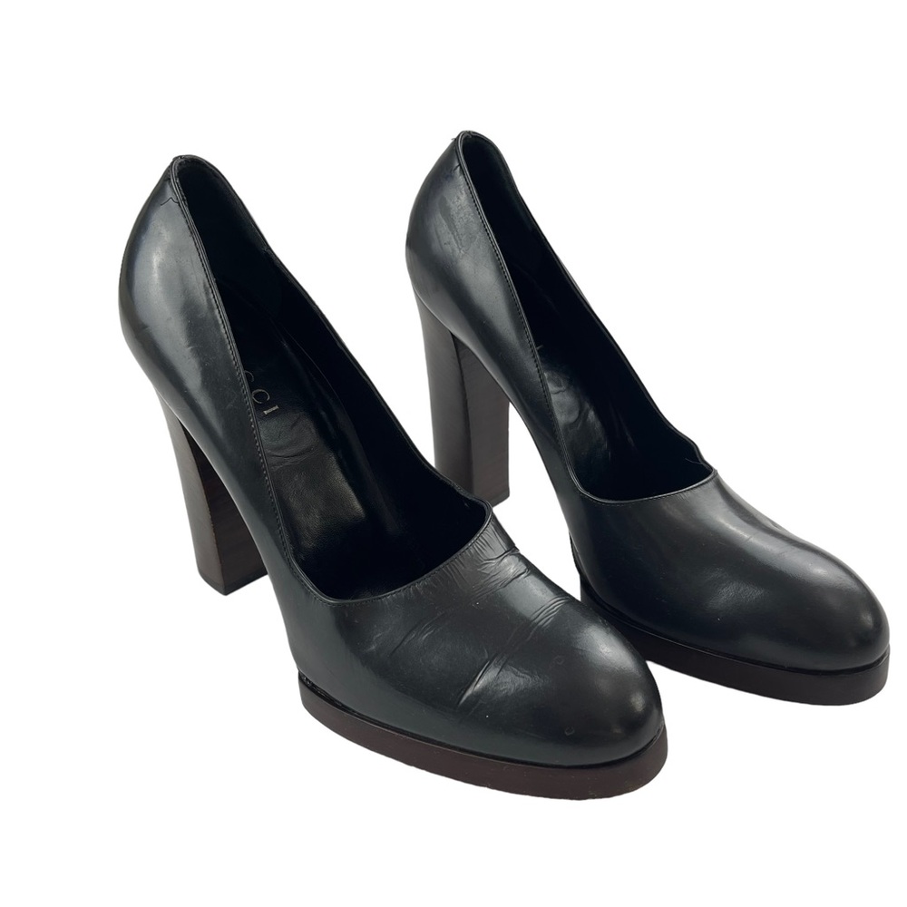 Gucci Black Leather Round-Toe Block Heel Pumps - Picture 2 of 13